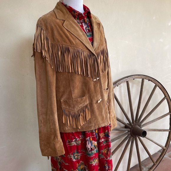 RALPH LAUREN Soft Camel Leather Western Fringed Jacket Bone Buttons Rare Sz 3x!! - Picture 7 of 14